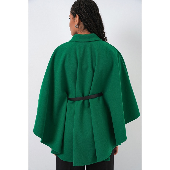 Kadın Kemerli Kaşe Panço 9170 - Koyu Yeşil