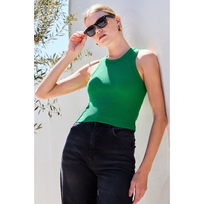 917 Bisiklet Yaka Fitilli Kolsuz Bluz - Yeşil