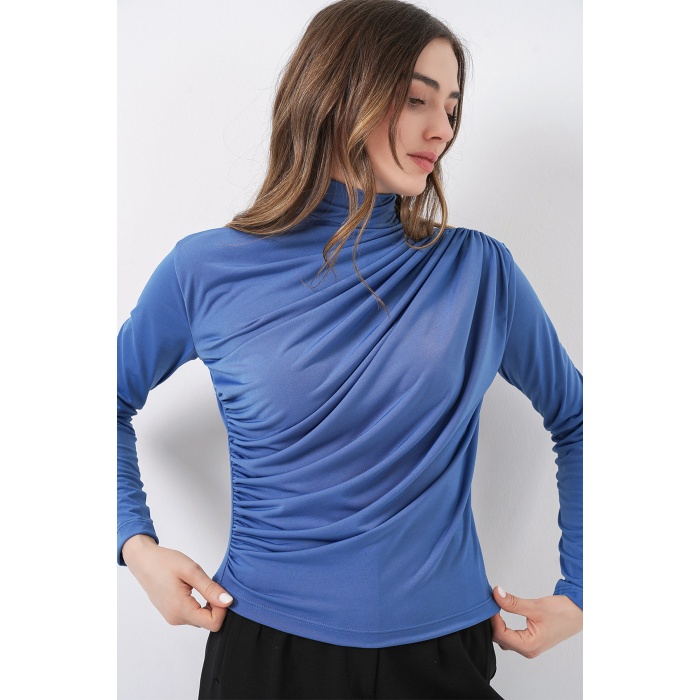 925 Büzgü Detaylı Sandy Bluz - İndigo