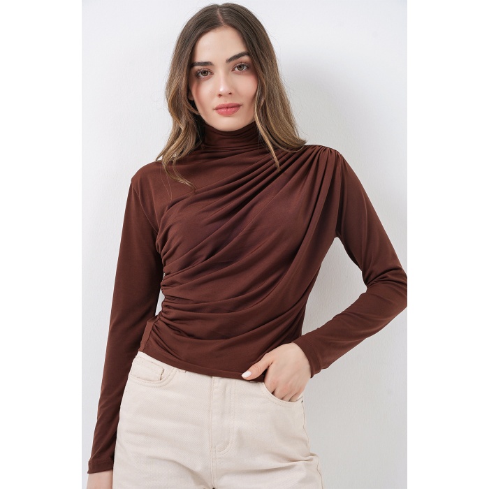 925 Büzgü Detaylı Sandy Bluz - A.Kahve