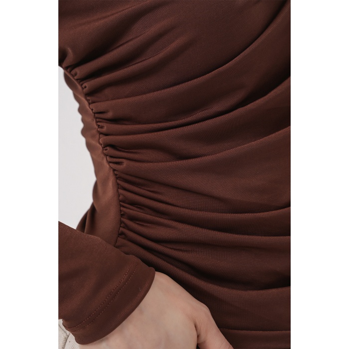 925 Büzgü Detaylı Sandy Bluz - A.Kahve