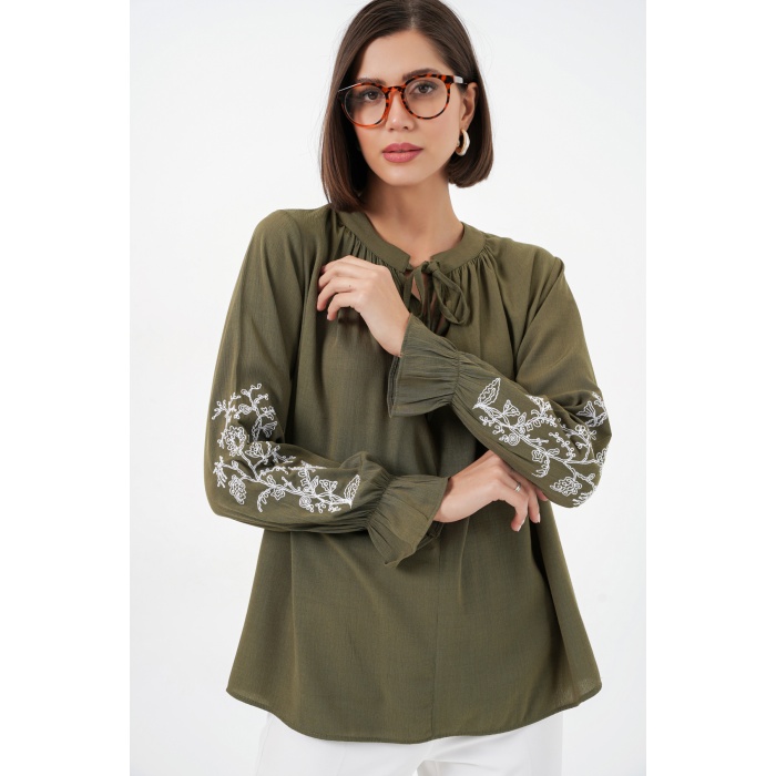 Kadın Nakışlı Örme Bluz 941 - Haki