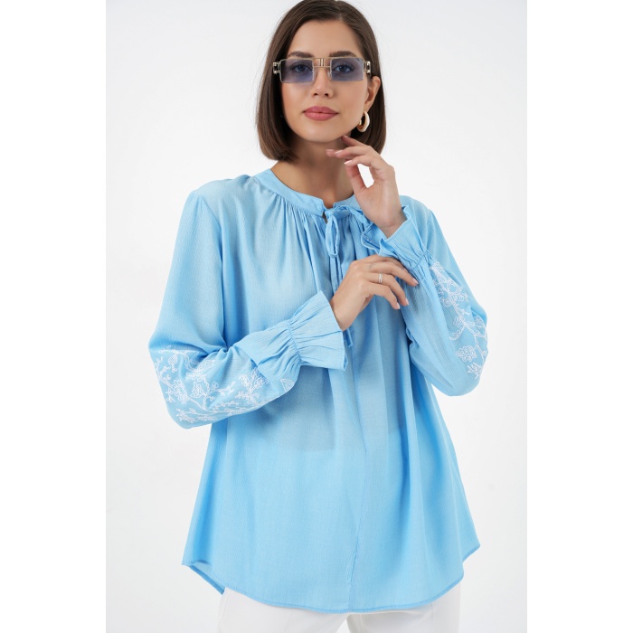 Kadın Nakışlı Örme Bluz 941 - Mavi