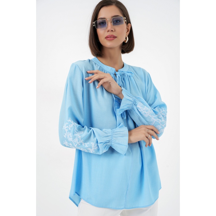 Kadın Nakışlı Örme Bluz 941 - Mavi
