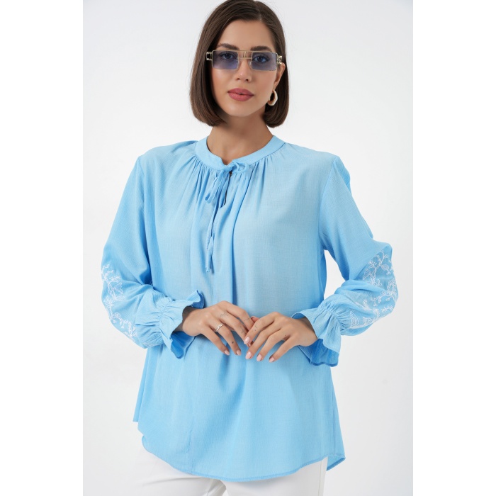 Kadın Nakışlı Örme Bluz 941 - Mavi