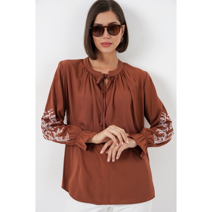 Kadın Nakışlı Örme Bluz 941 - Kiremit