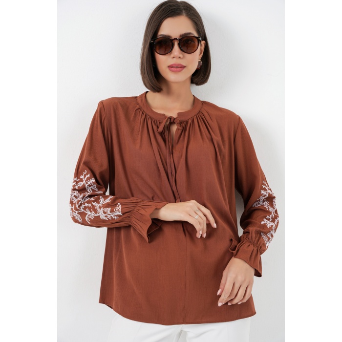 Kadın Nakışlı Örme Bluz 941 - Kiremit