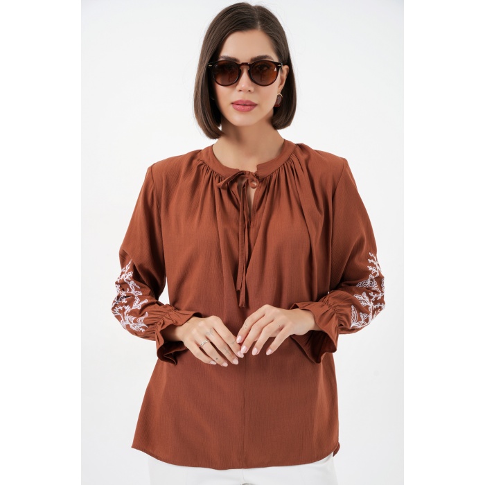 Kadın Nakışlı Örme Bluz 941 - Kiremit