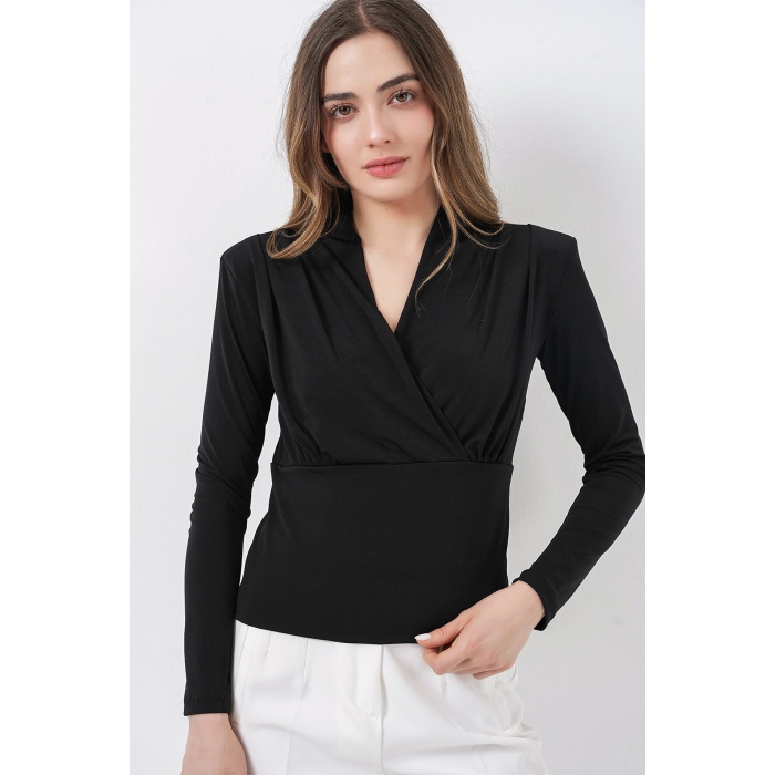 Kadın Omuz Vatkalı Kruvaze Yaka Bluz 942 - Siyah