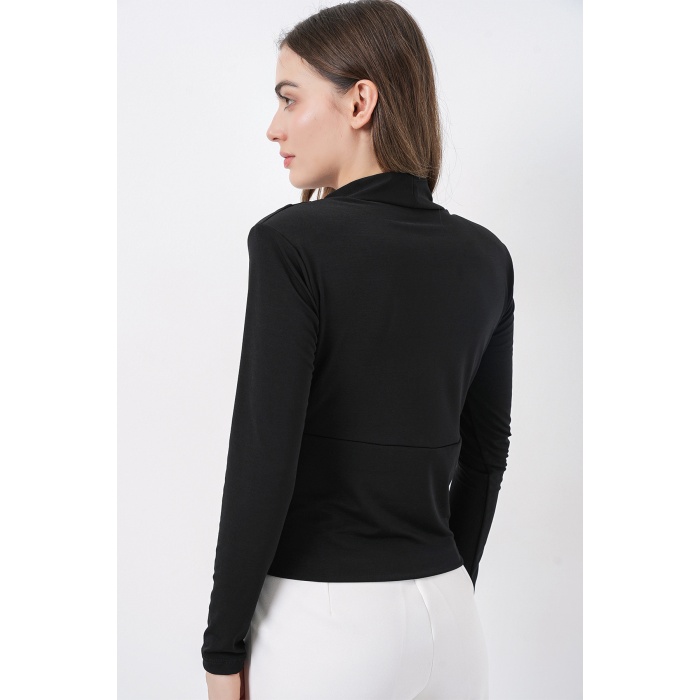 Kadın Omuz Vatkalı Kruvaze Yaka Bluz 942 - Siyah