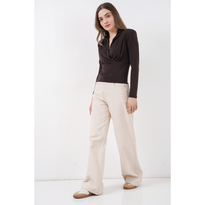 Kadın Omuz Vatkalı Kruvaze Yaka Bluz 942 - Kahverengi