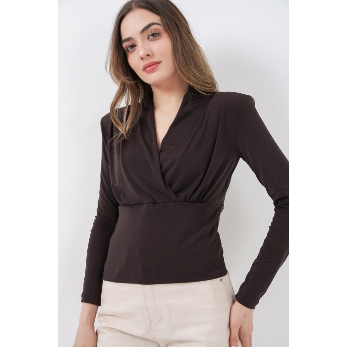 Kadın Omuz Vatkalı Kruvaze Yaka Bluz 942 - Kahverengi