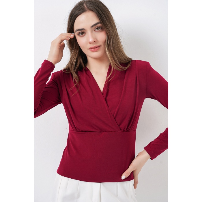 Kadın Omuz Vatkalı Kruvaze Yaka Bluz 942 - Bordo