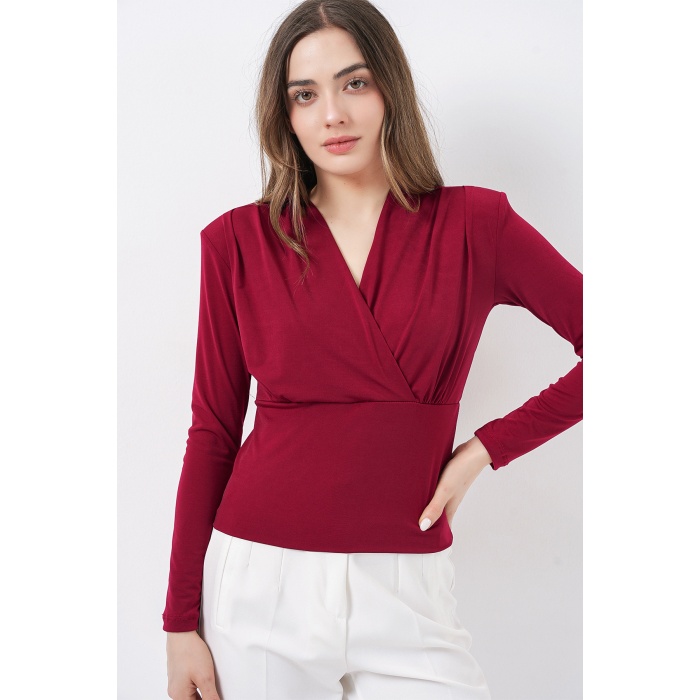 Kadın Omuz Vatkalı Kruvaze Yaka Bluz 942 - Bordo