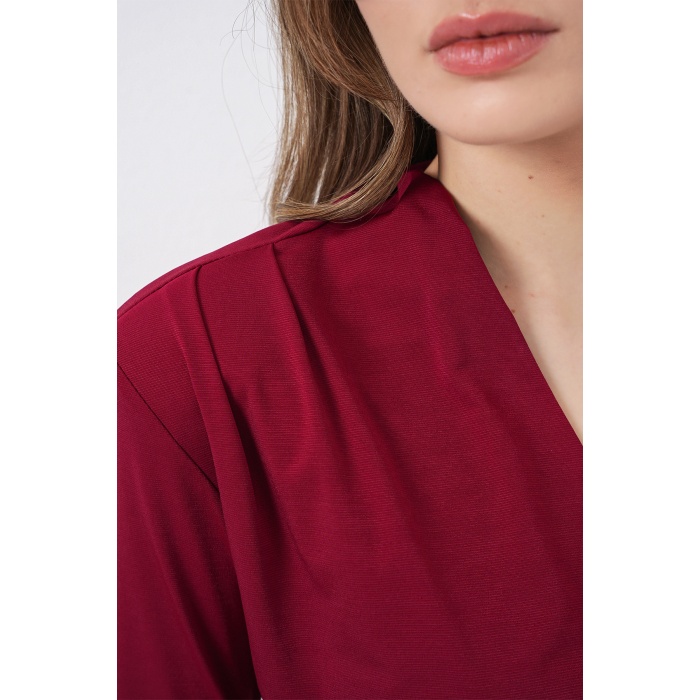 Kadın Omuz Vatkalı Kruvaze Yaka Bluz 942 - Bordo