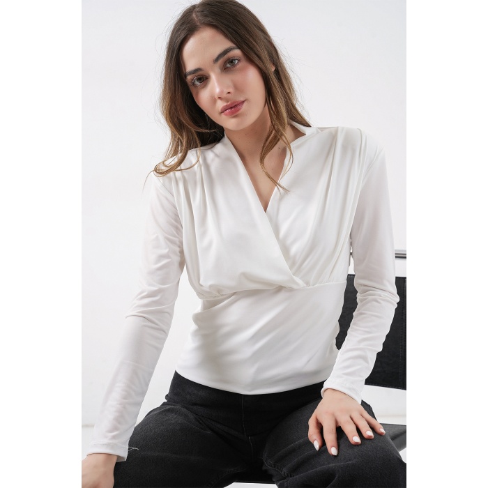 Kadın Omuz Vatkalı Kruvaze Yaka Bluz 942 - Beyaz