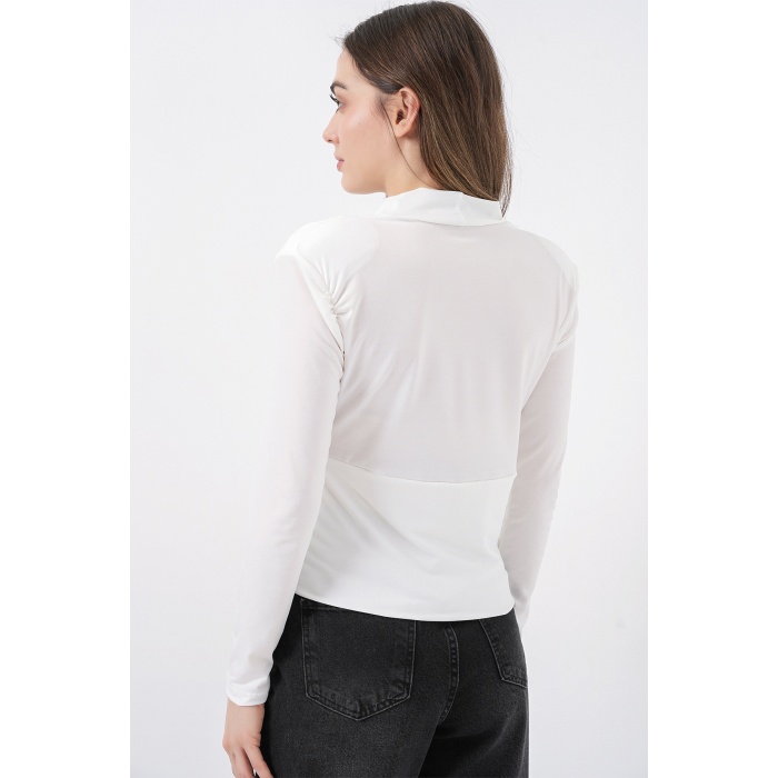 Kadın Omuz Vatkalı Kruvaze Yaka Bluz 942 - Beyaz