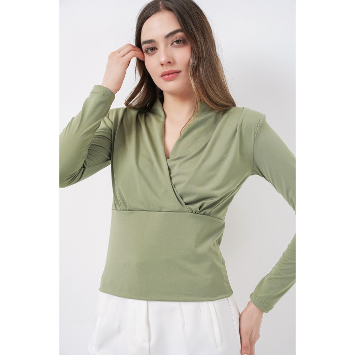 Kadın Omuz Vatkalı Kruvaze Yaka Bluz 942 - E.Yeşil