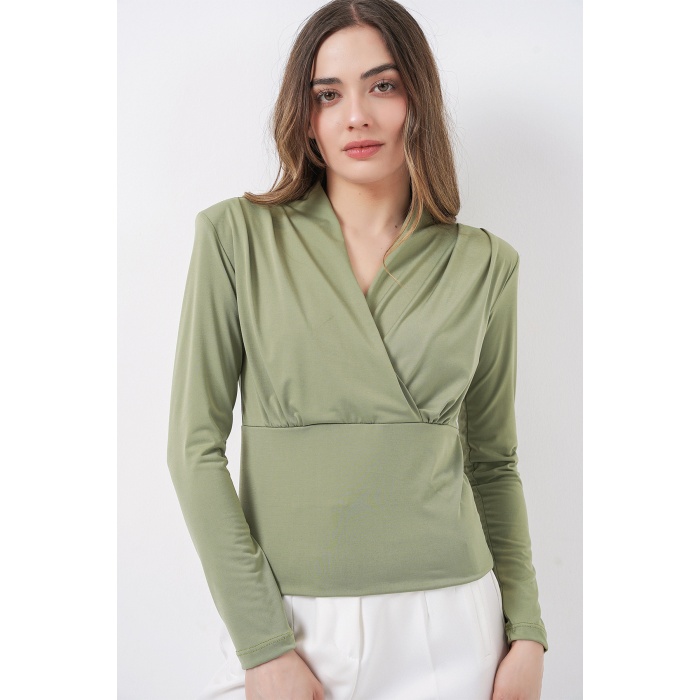 Kadın Omuz Vatkalı Kruvaze Yaka Bluz 942 - E.Yeşil