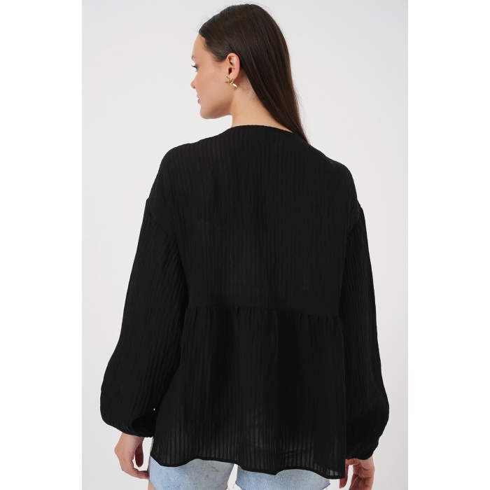 Kadın Önü Bağcıklı Uzun Kol Bluz 946 - Siyah