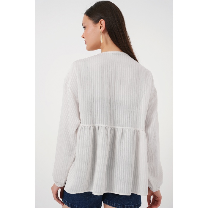 Kadın Önü Bağcıklı Uzun Kol Bluz 946 - Ekru