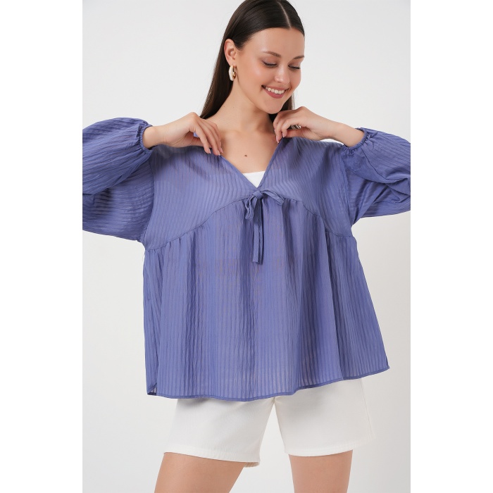 Kadın Önü Bağcıklı Uzun Kol Bluz 946 - İndigo