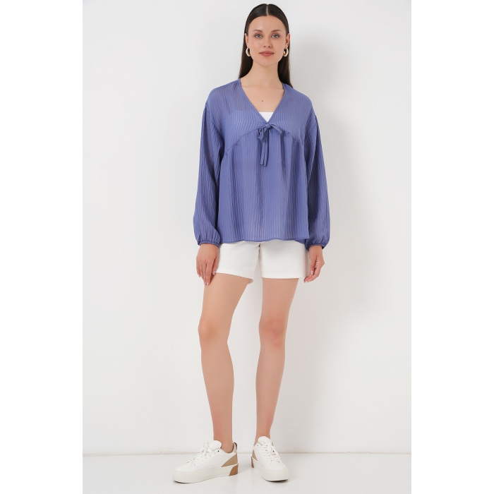 Kadın Önü Bağcıklı Uzun Kol Bluz 946 - İndigo