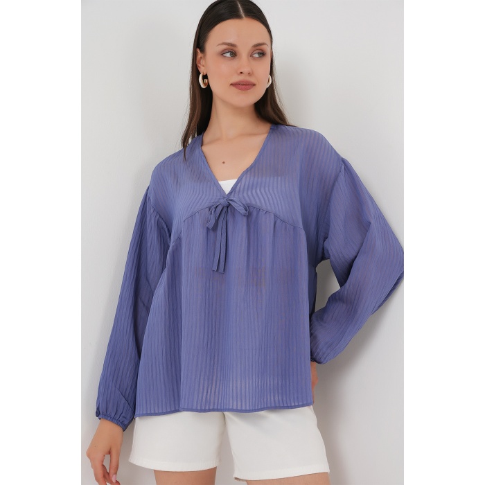 Kadın Önü Bağcıklı Uzun Kol Bluz 946 - İndigo