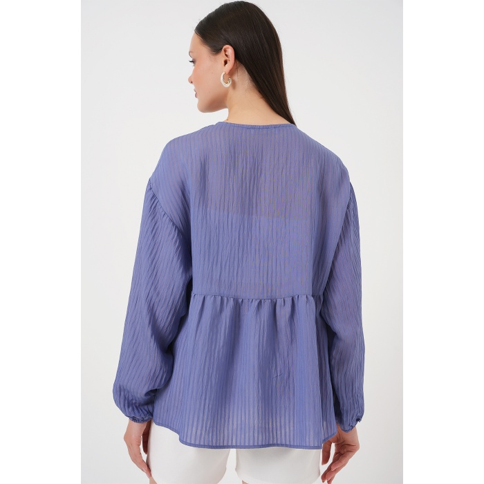 Kadın Önü Bağcıklı Uzun Kol Bluz 946 - İndigo