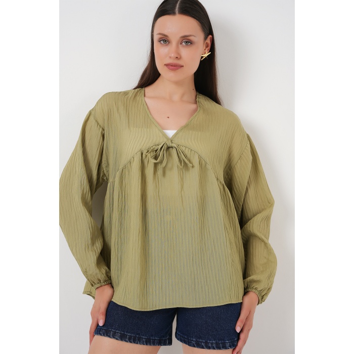 Kadın Önü Bağcıklı Uzun Kol Bluz 946 - Çağla