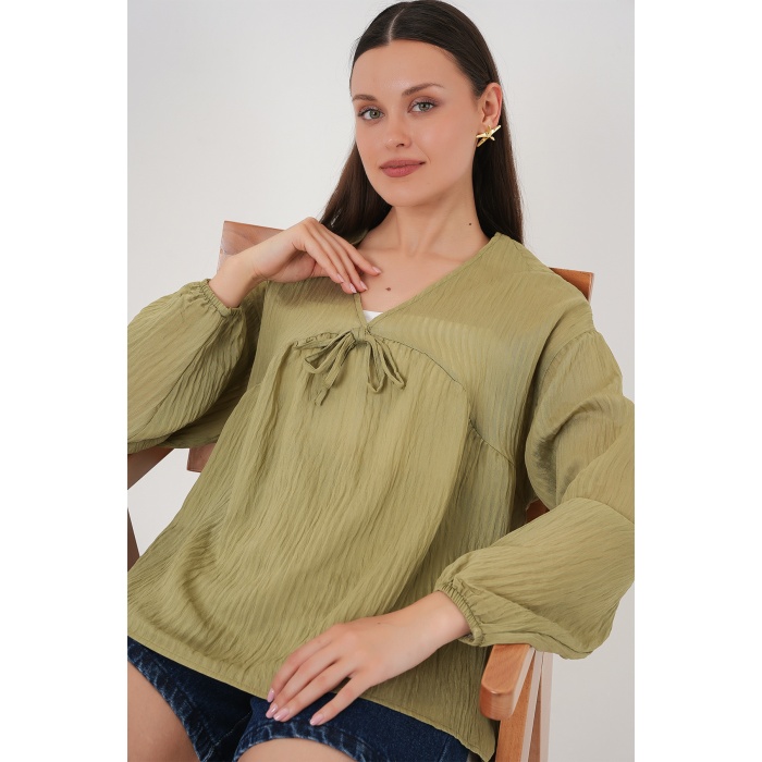 Kadın Önü Bağcıklı Uzun Kol Bluz 946 - Çağla
