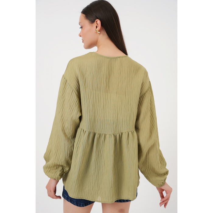 Kadın Önü Bağcıklı Uzun Kol Bluz 946 - Çağla