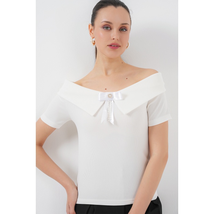 Kurdele Detaylı Örme Bluz 949 - Beyaz
