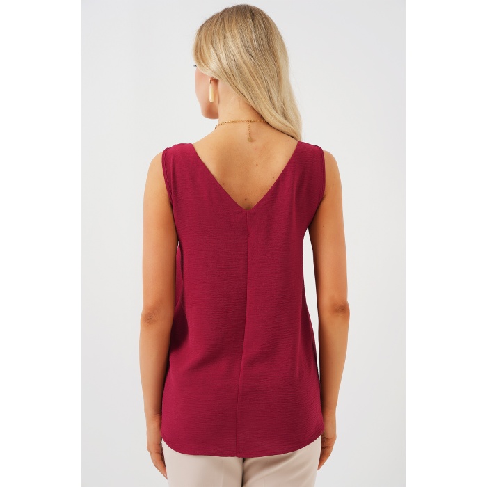 V Yaka Sıfır Kol Bluz 950 - Bordo