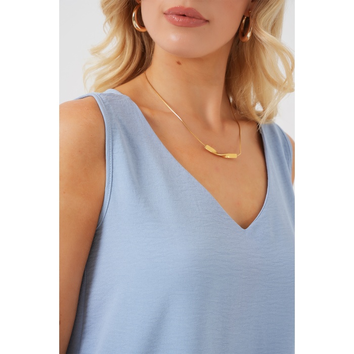 V Yaka Sıfır Kol Bluz 950 - Mavi