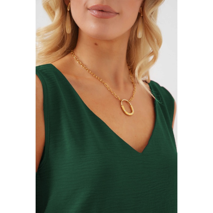 V Yaka Sıfır Kol Bluz 950 - Zümrüt Yeşili