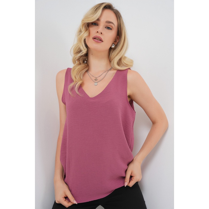 V Yaka Sıfır Kol Bluz 950 - A.Gül Kurusu