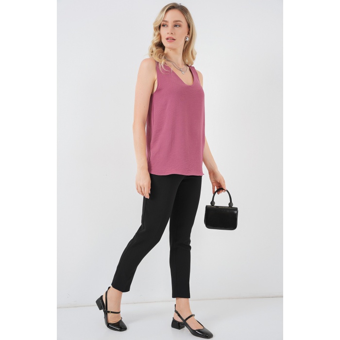 V Yaka Sıfır Kol Bluz 950 - A.Gül Kurusu