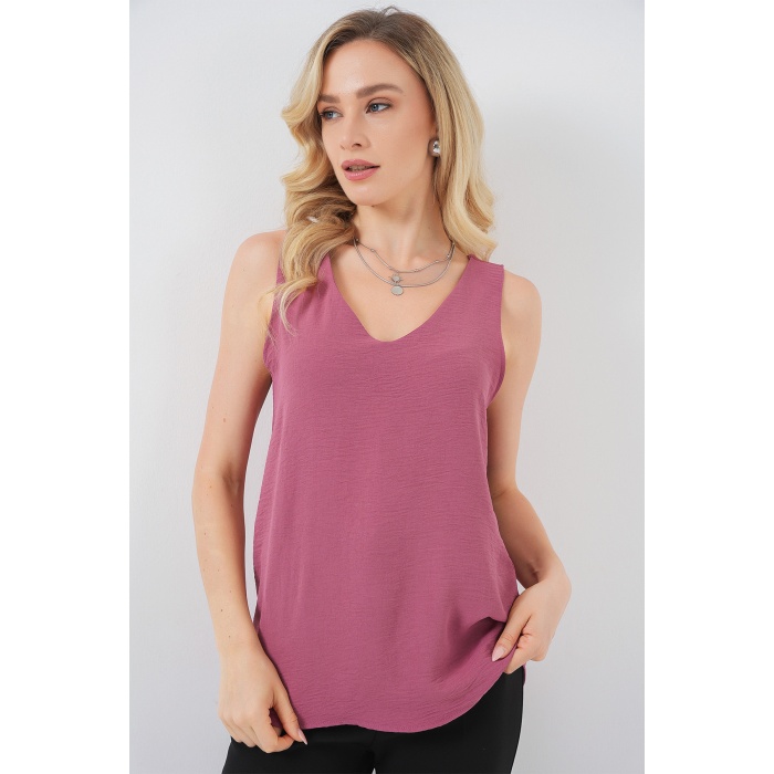 V Yaka Sıfır Kol Bluz 950 - A.Gül Kurusu