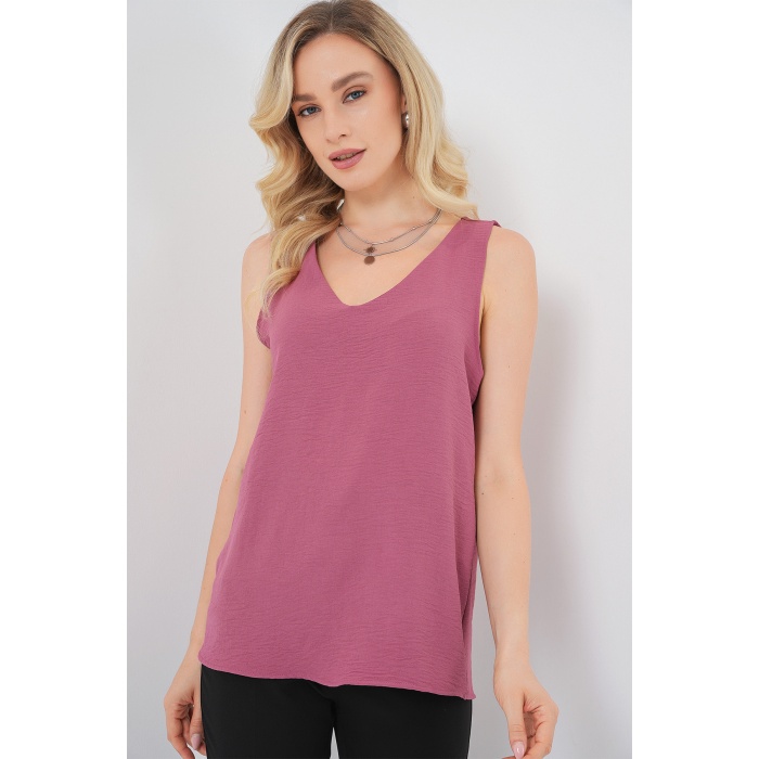 V Yaka Sıfır Kol Bluz 950 - A.Gül Kurusu