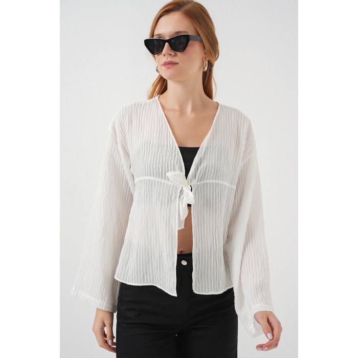 Kadın Önü Bağcıklı Bluz 952 - Beyaz