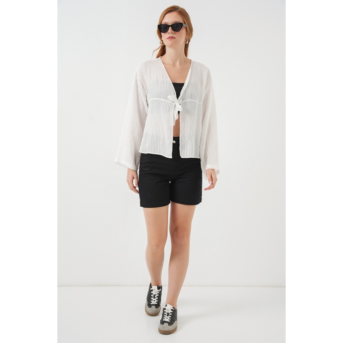 Kadın Önü Bağcıklı Bluz 952 - Beyaz