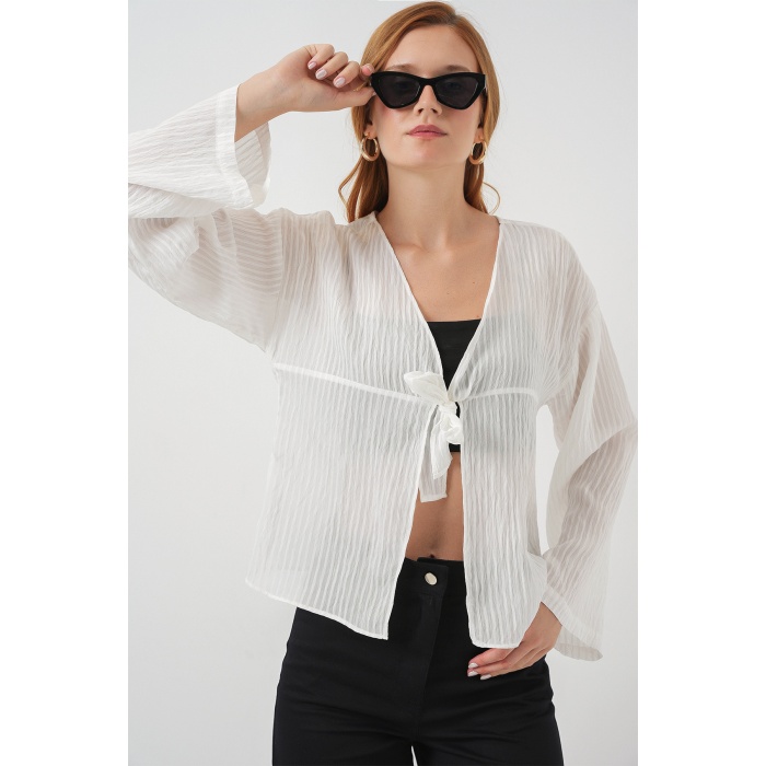 Kadın Önü Bağcıklı Bluz 952 - Beyaz