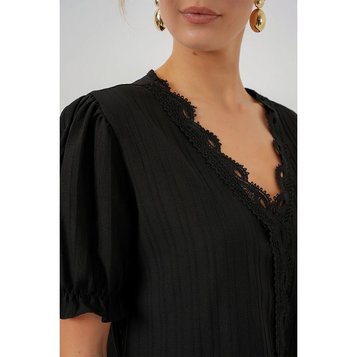 Kadın V Yaka Dantelli Bluz 956 - Siyah