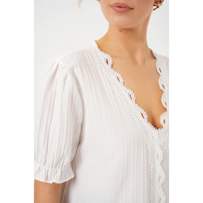 Kadın V Yaka Dantelli Bluz 956 - Beyaz