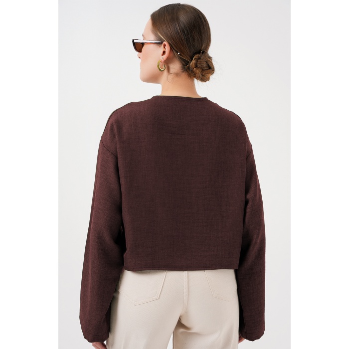 Önü Bağlamalı Keten Kimono 960 - Kahverengi