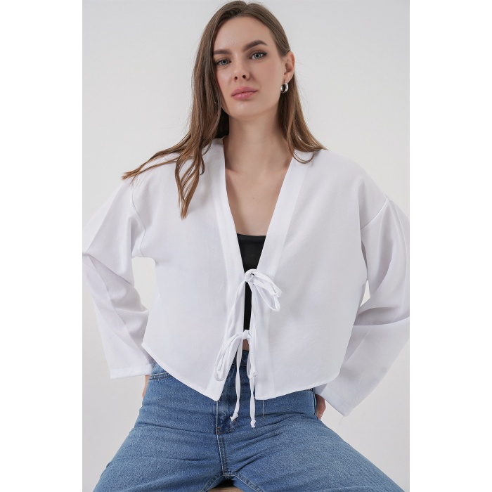 Önü Bağlamalı Keten Kimono 960 - Beyaz