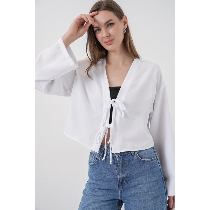 Önü Bağlamalı Keten Kimono 960 - Beyaz