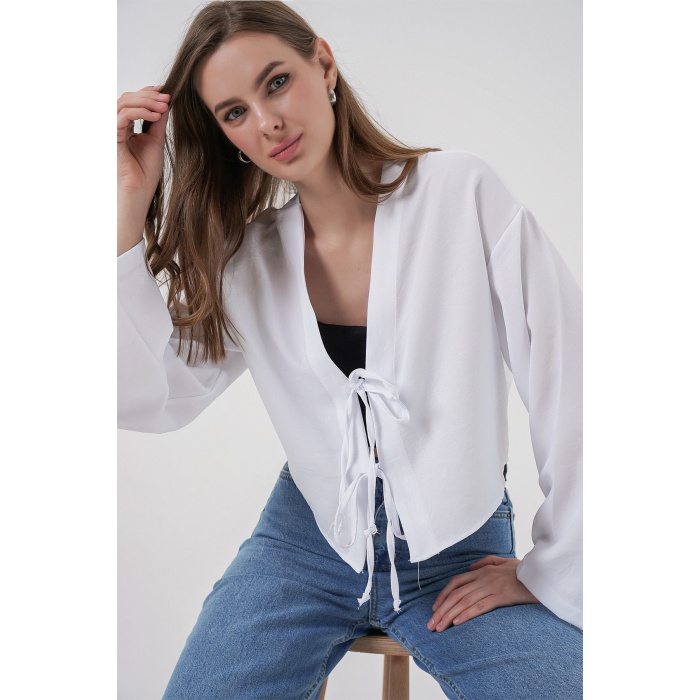 Önü Bağlamalı Keten Kimono 960 - Beyaz