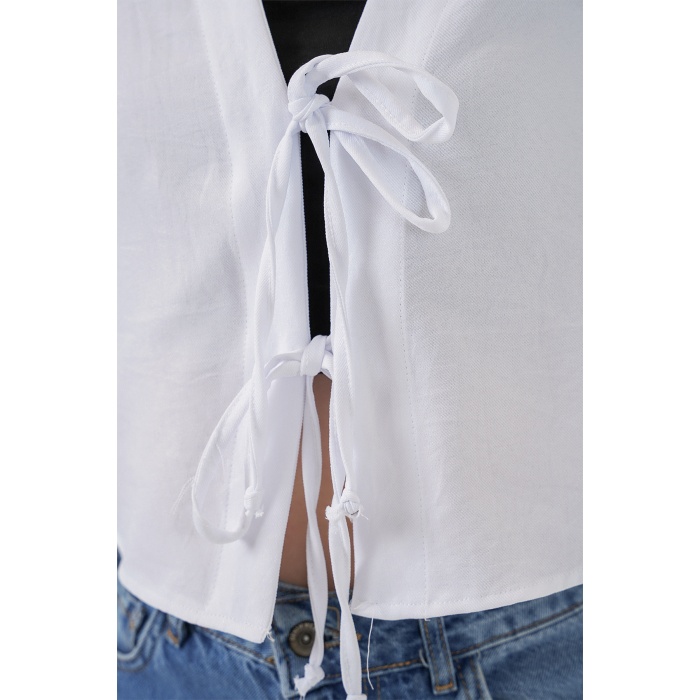 Önü Bağlamalı Keten Kimono 960 - Beyaz